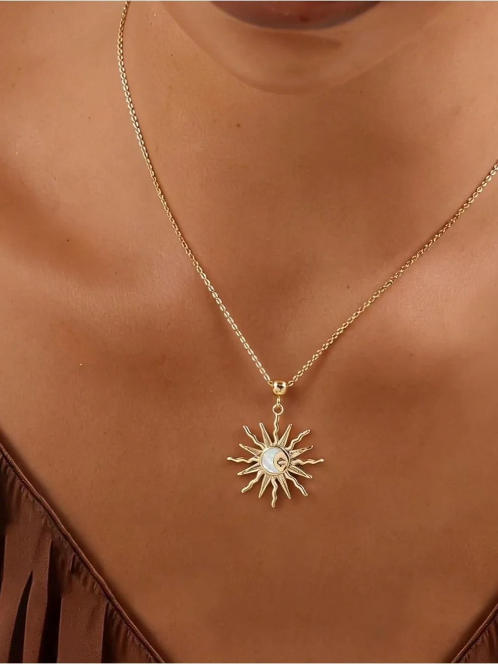 Celestial 14K Gold Plated Sun & Moon Pendant Necklace with Mother of Pearl
